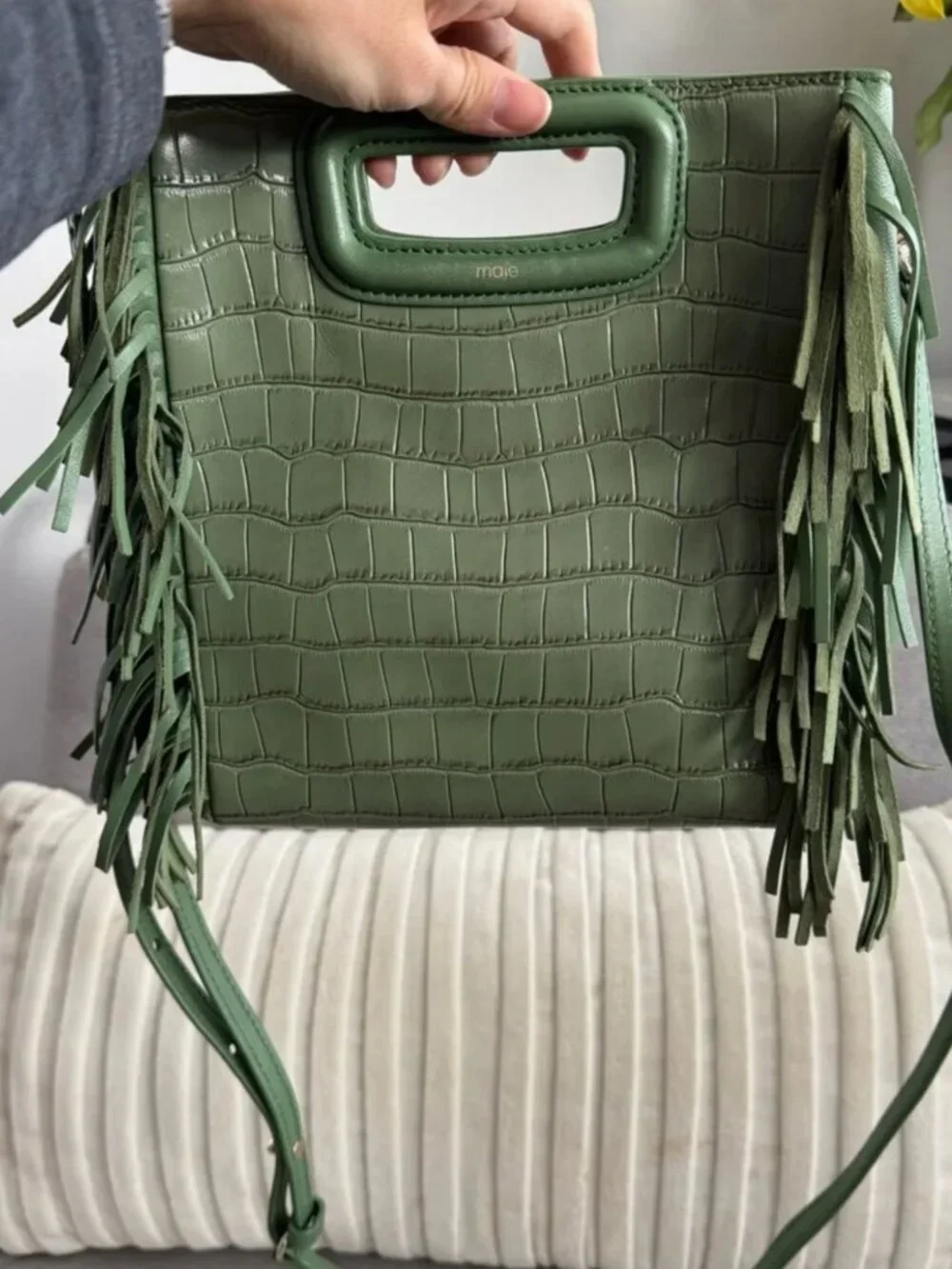 Maje | Limited Edition Olive Leather Crocodile Embossed Fringe Crossbody Bag